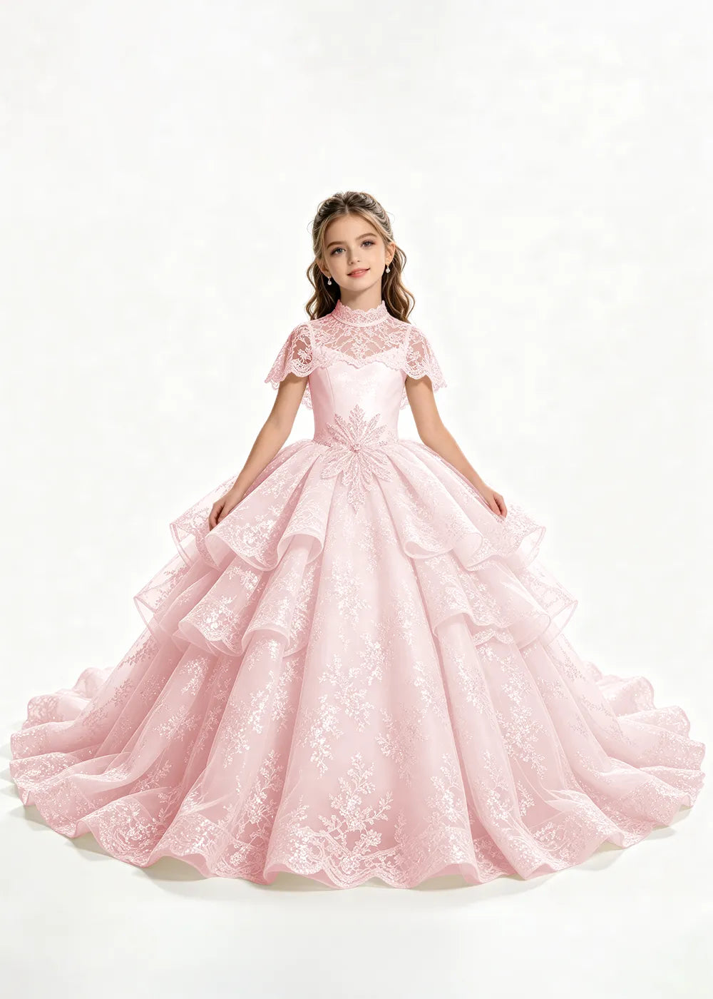 Flower girl dress in Blush Pink, front view.