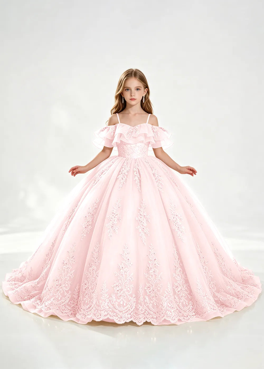 Champagne Off-Shoulder Lace-Hem Flower Girl Dress