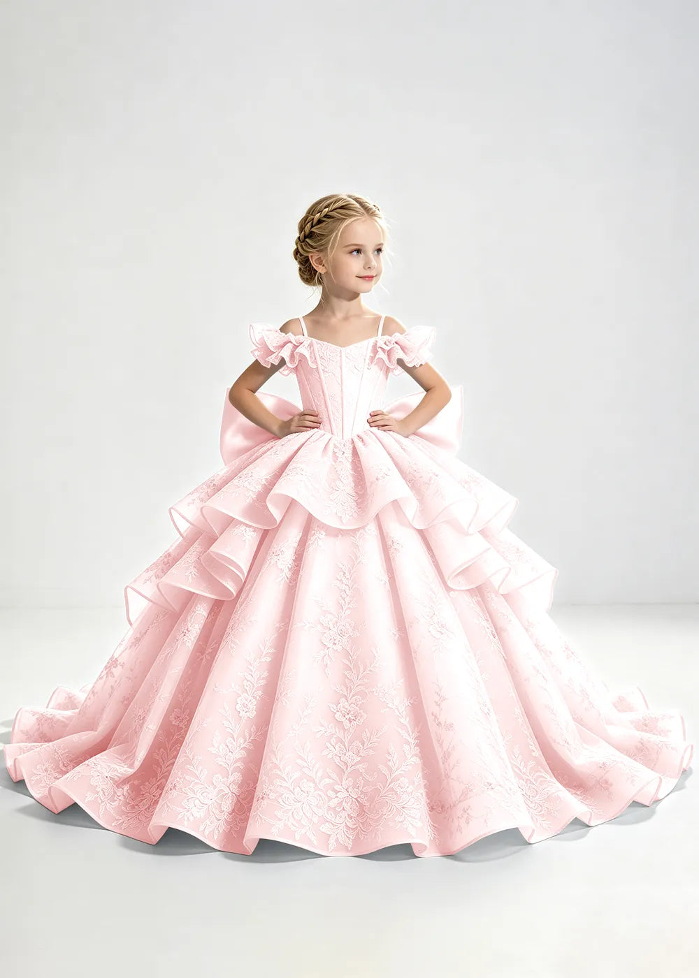 Light Blue Lace-Up Rear-Bow Flower Girl Dress