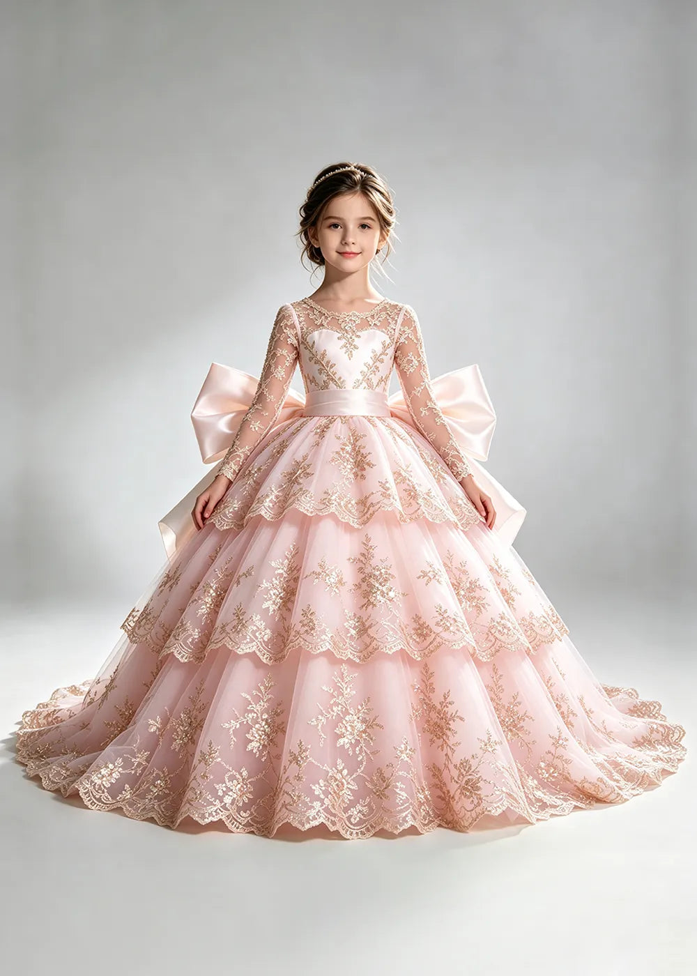 Long Sleeve Lace Flower Girl Dress with Sash Bow and Tiered Skirt