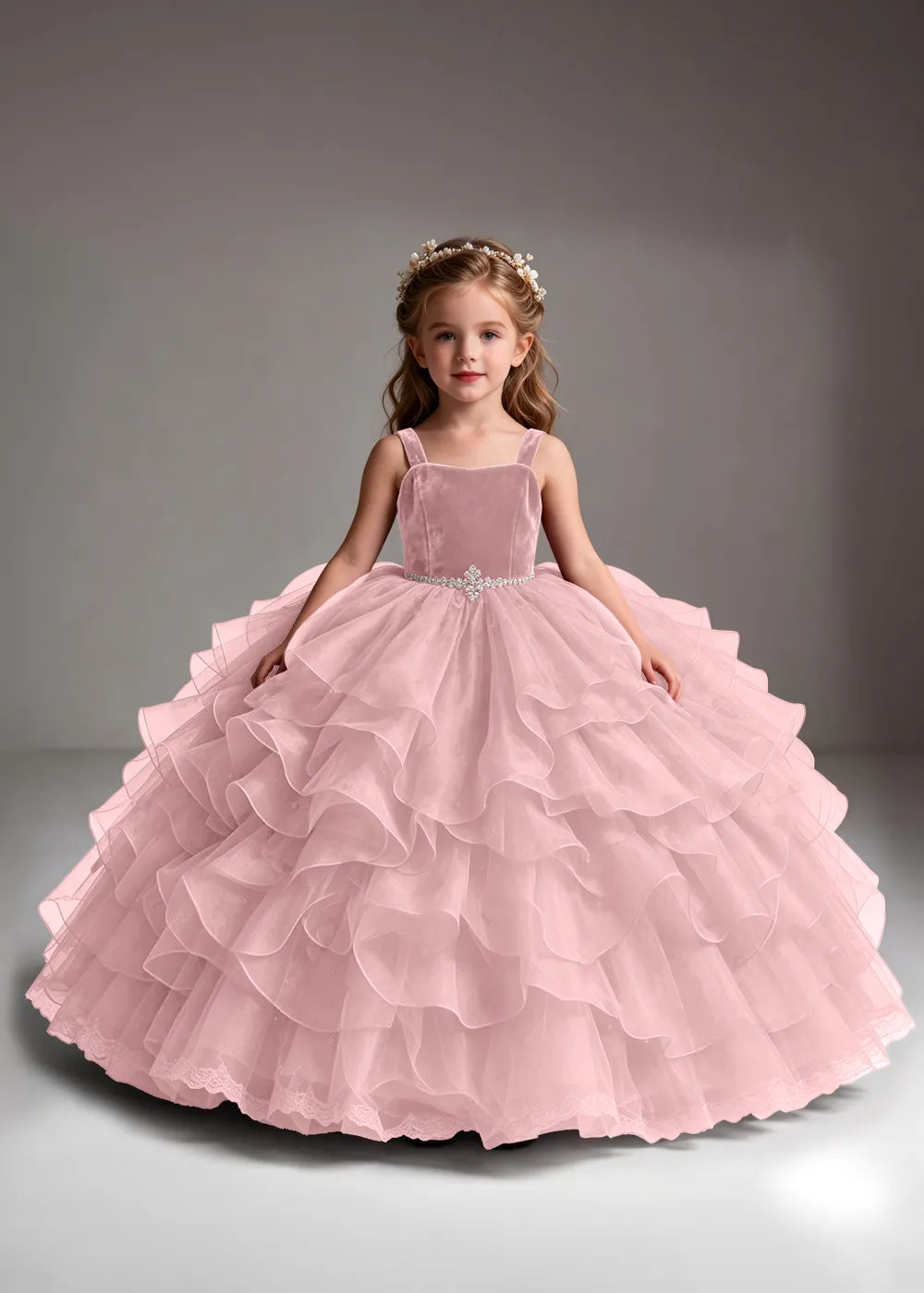 White Flower Girl Dress with Cascading Ruffles and a Square Neckline