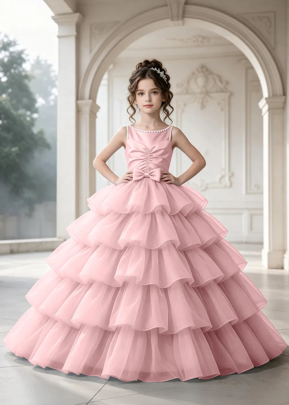 Flower girl dress in Blush Pink, front view.