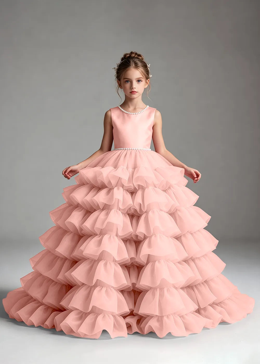 Pink Pearl-Trimmed Tiered Ruffle Flower Girl Dress