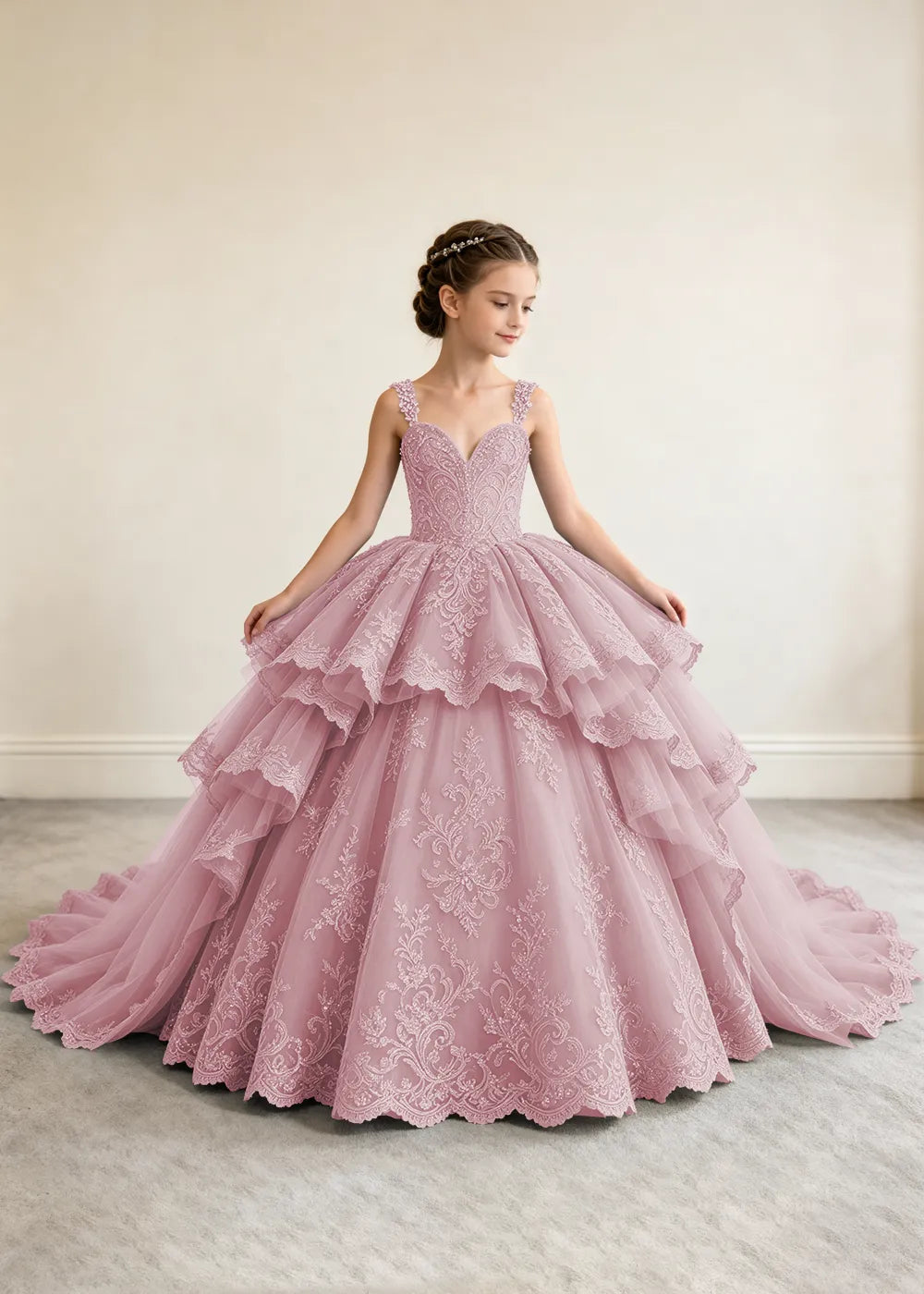 V-Neck Tiered Lace Princess Dress for Girls