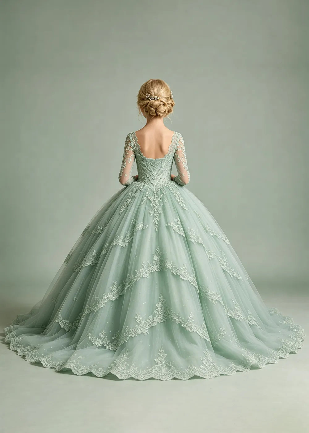 Long Sleeve Floral Lace Flower Girl Ball Gown Dress