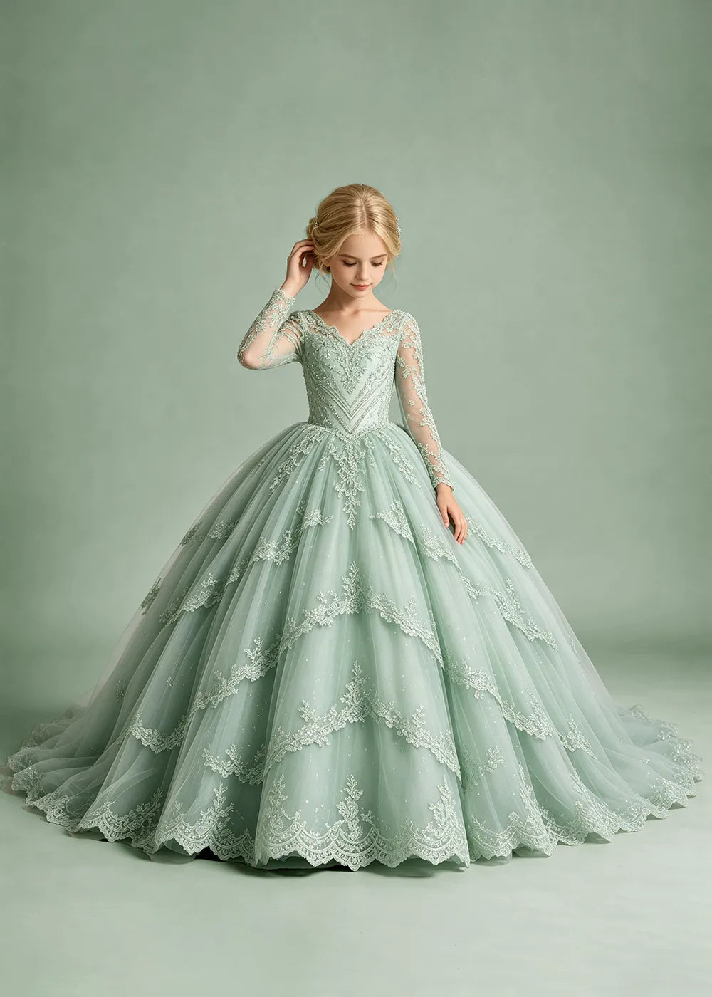 Long Sleeve Floral Lace Flower Girl Ball Gown Dress
