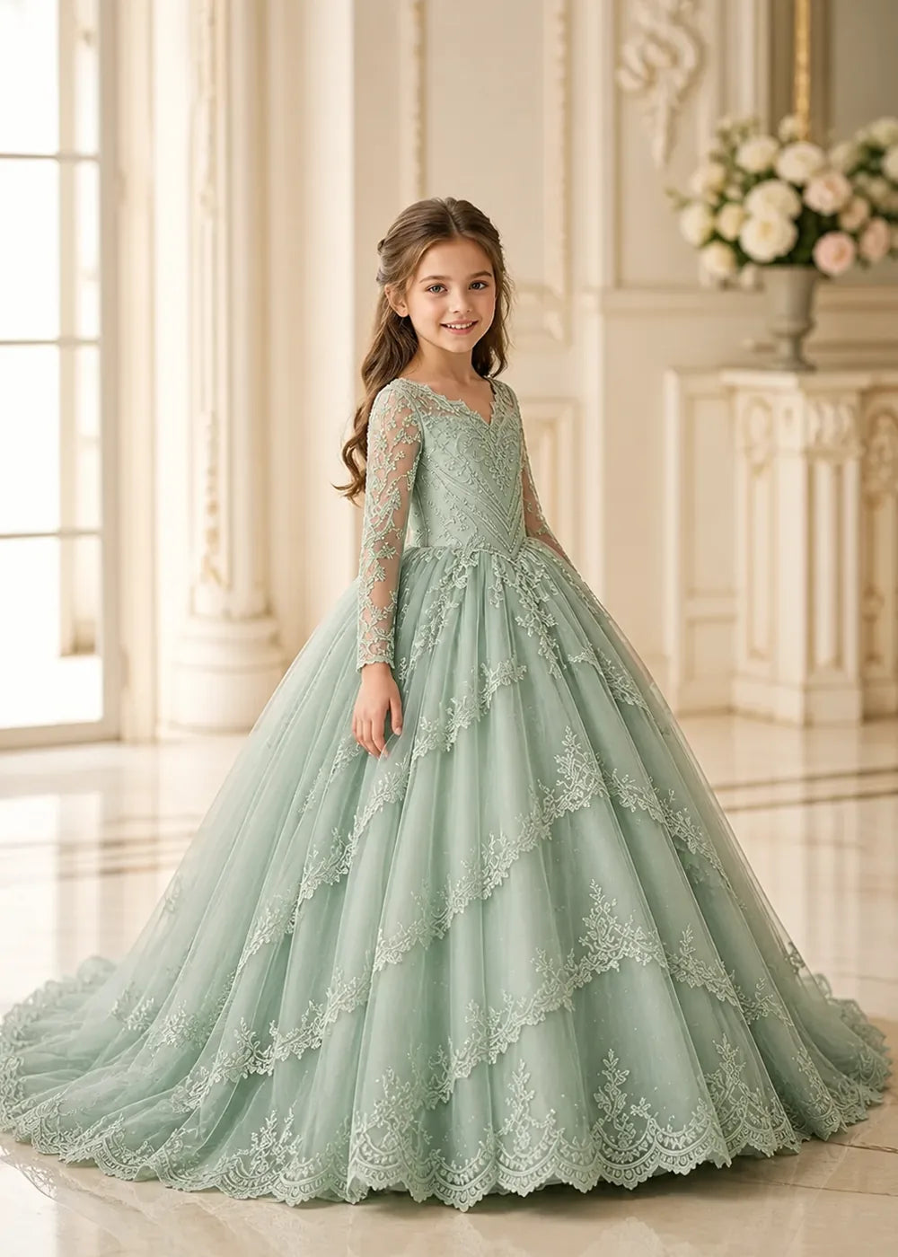 Long Sleeve Floral Lace Flower Girl Ball Gown Dress