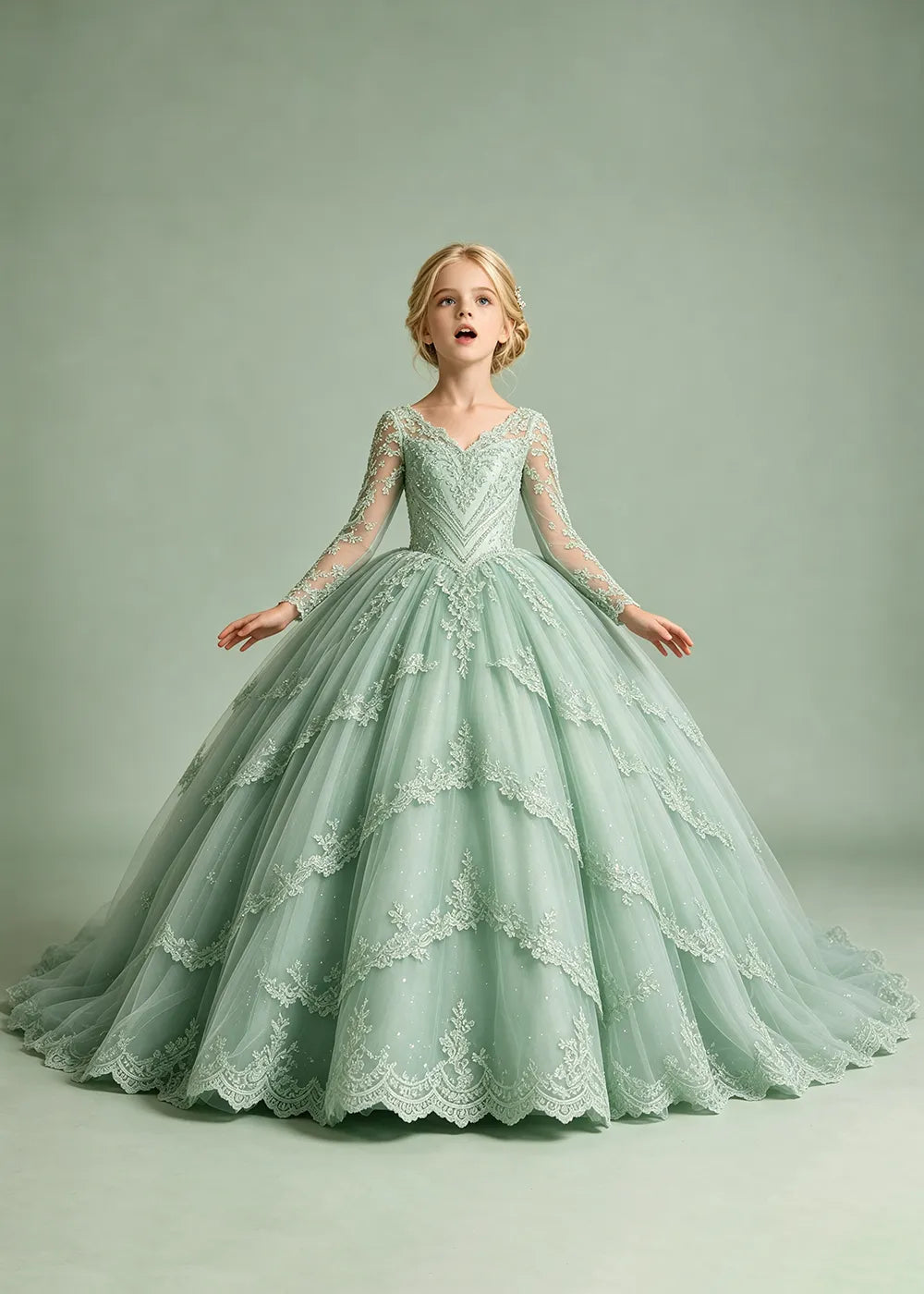 Long Sleeve Floral Lace Flower Girl Ball Gown Dress