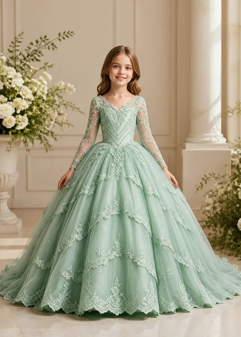 Long Sleeve Floral Lace Flower Girl Ball Gown Dress