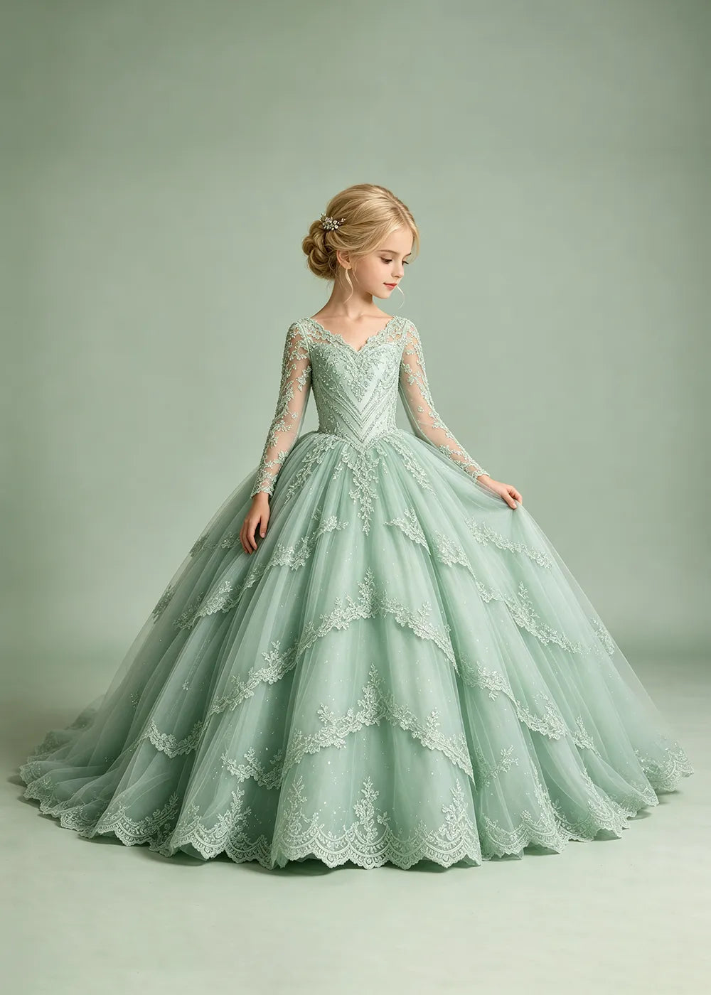 Long Sleeve Floral Lace Flower Girl Ball Gown Dress