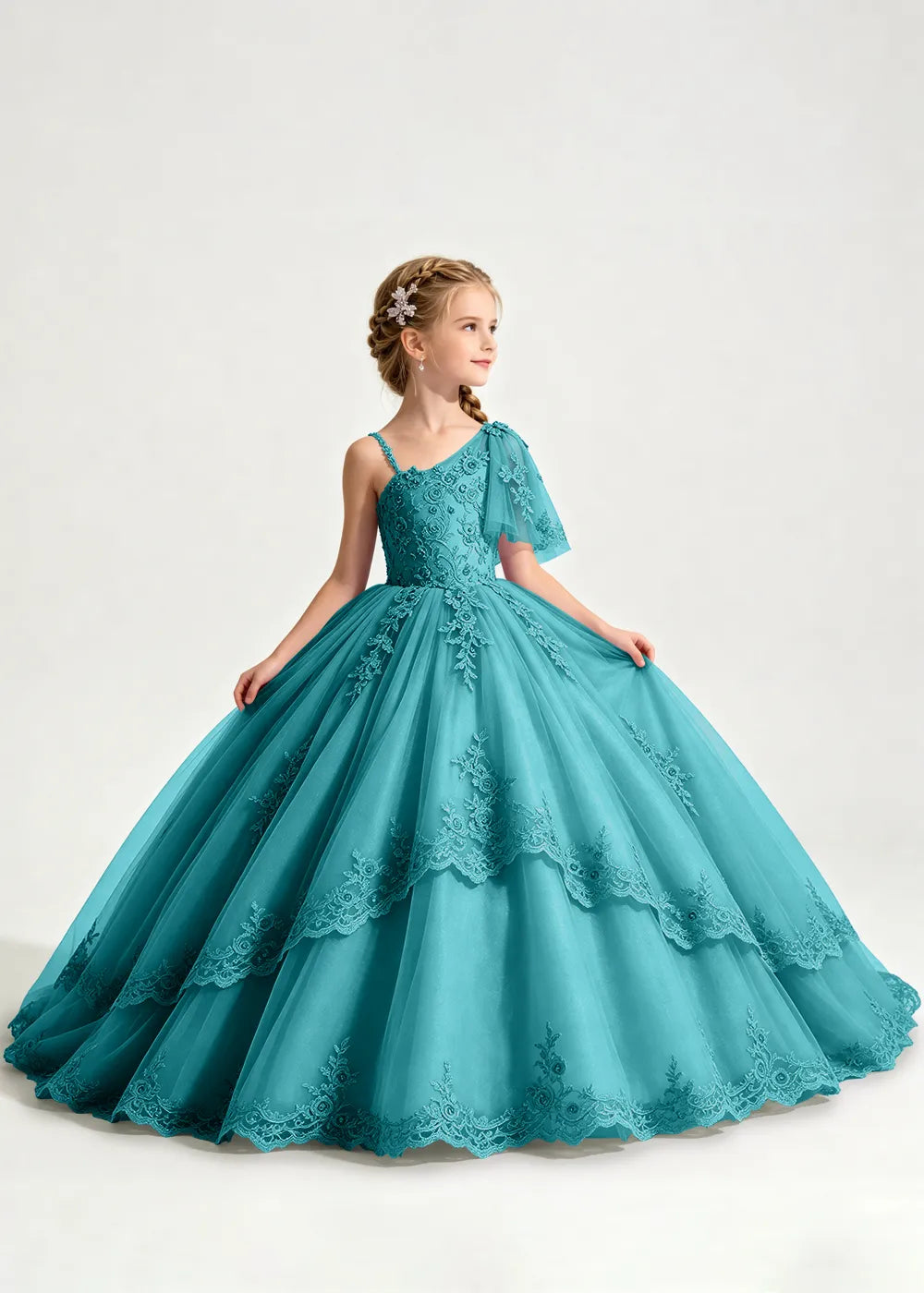 One-Shoulder Floral Lace Flower Girl Ball Gown Dress
