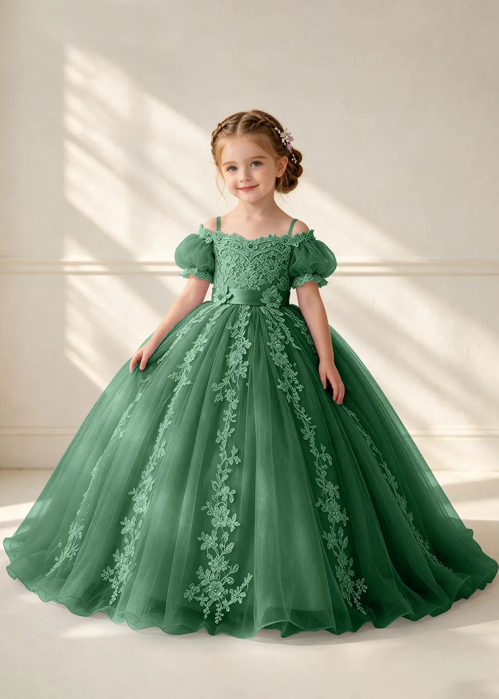 Puff Sleeve Floral Lace Flower Girl Ball Gown Dress