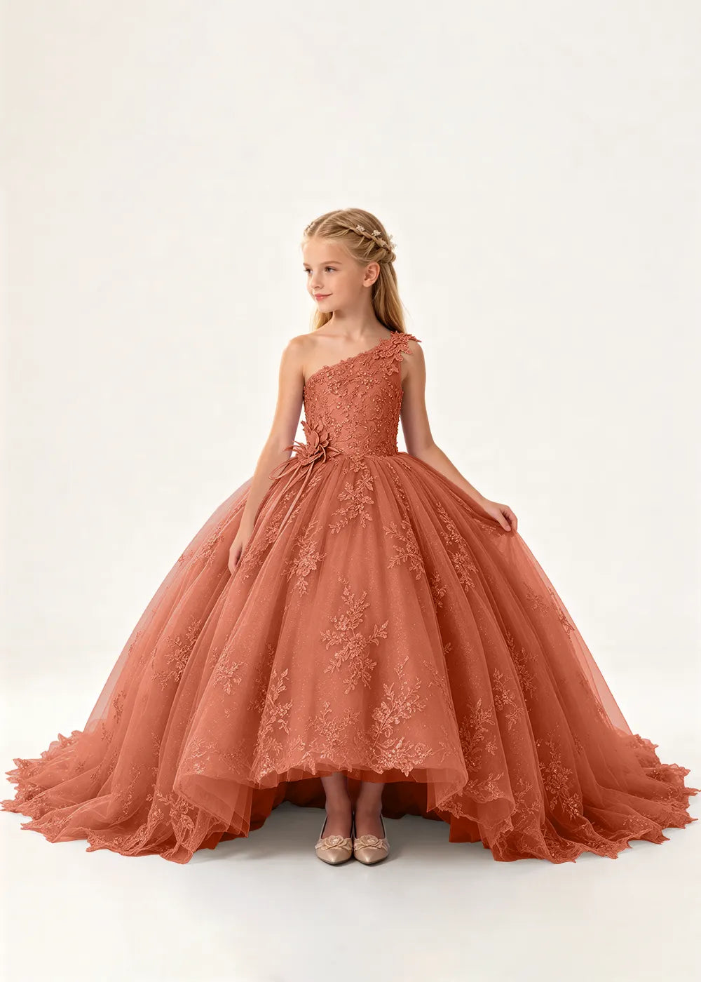 One-Shoulder High-Low Lace Princess Dress for Girls