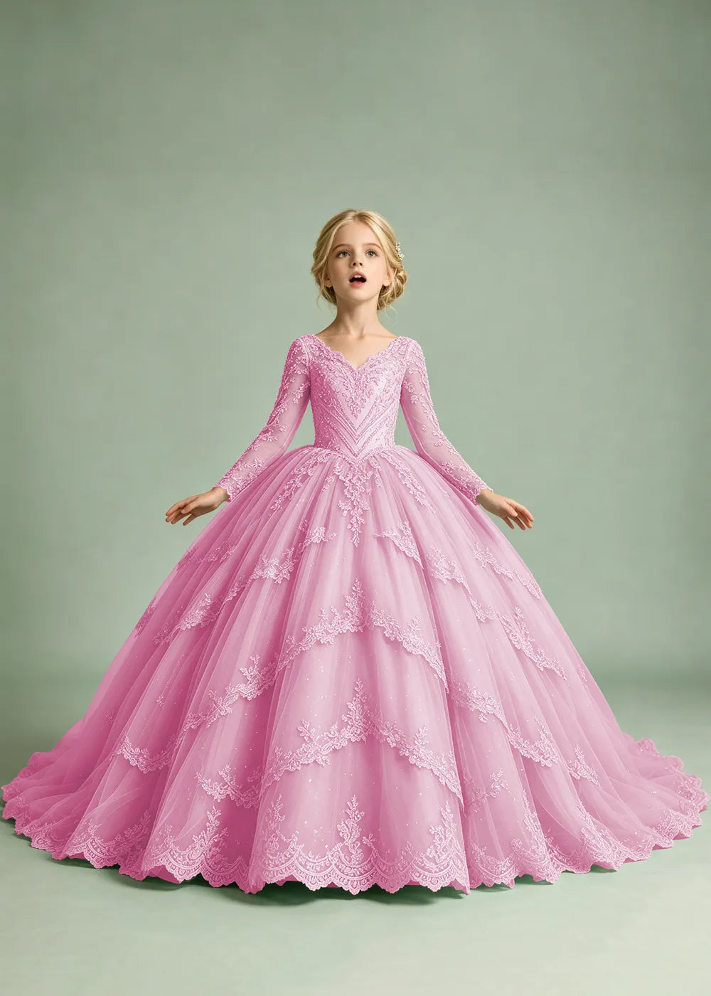 Long Sleeve Floral Lace Princess Dress for Girls