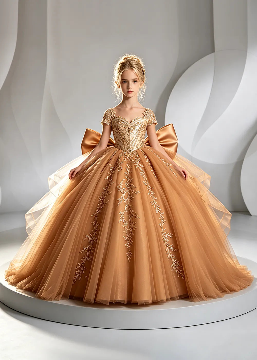 Cap Sleeve Sequin Bodice Flower Girl Dress with Bow and Gold Embroidery