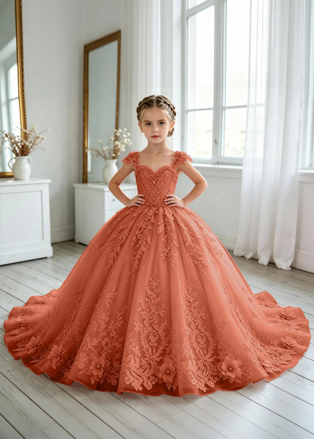 Floral V-Neck Lace Princess Dress for Girls