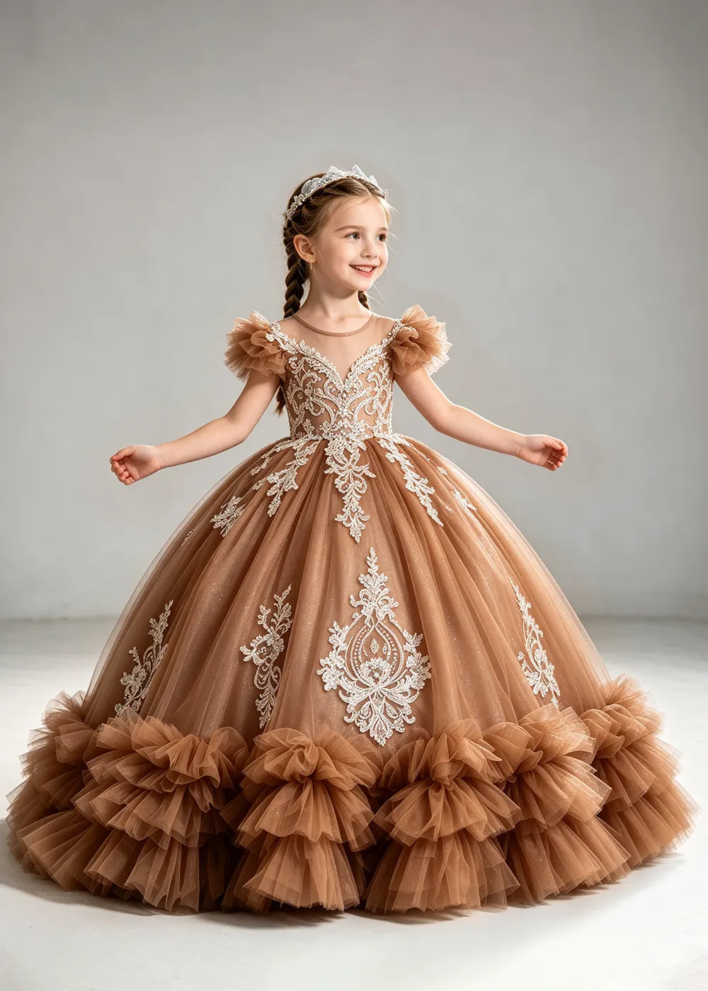 Navy Flower Girl Ball Gown with White Floral Appliqués