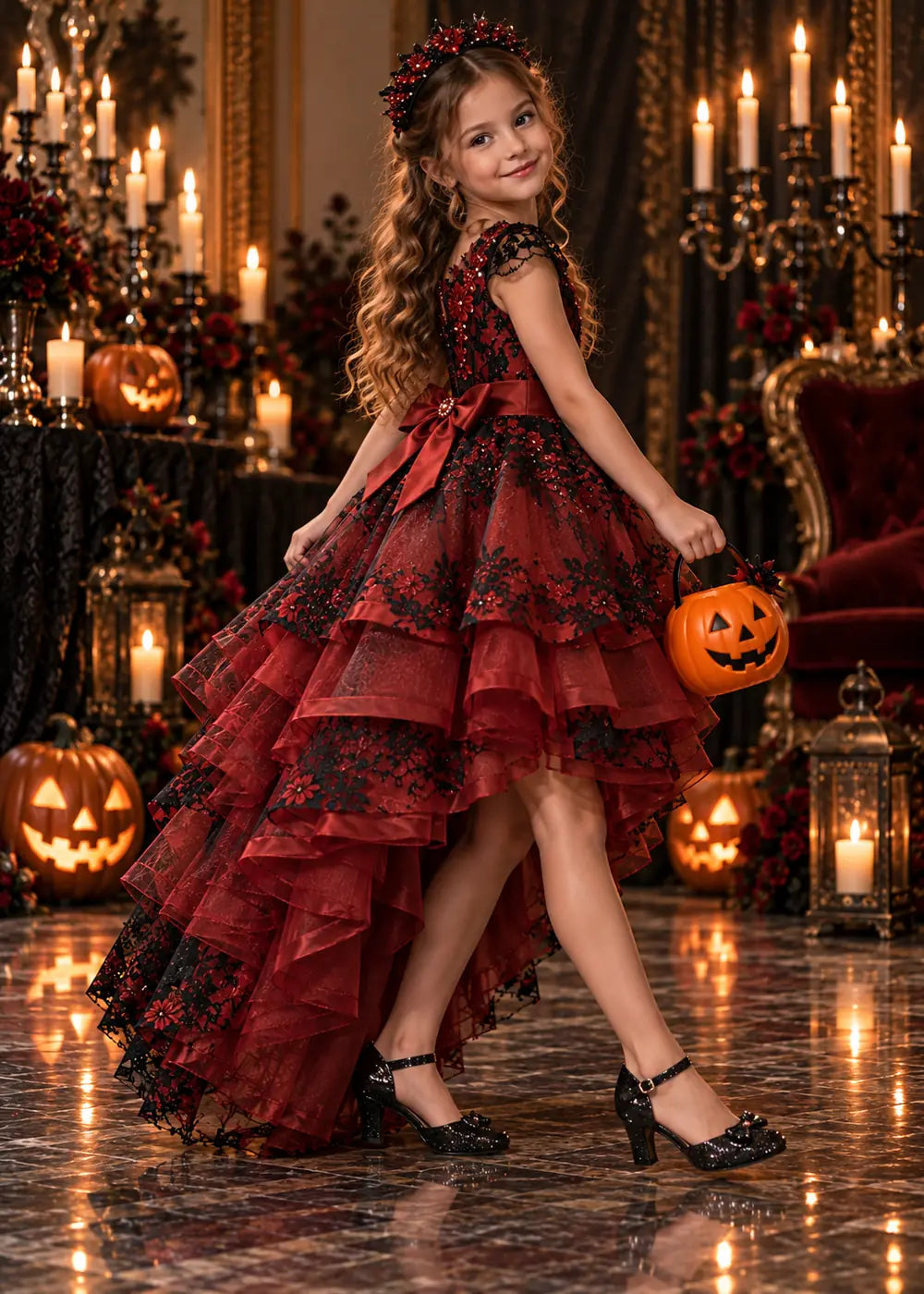 Detail view of the burgundy and black flower girl dress.