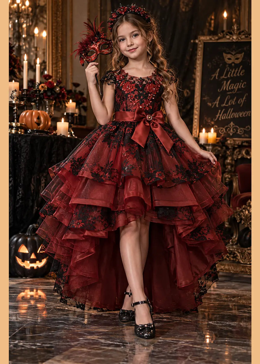 Burgundy High-Low Flower Girl Dress with Black Floral Lace