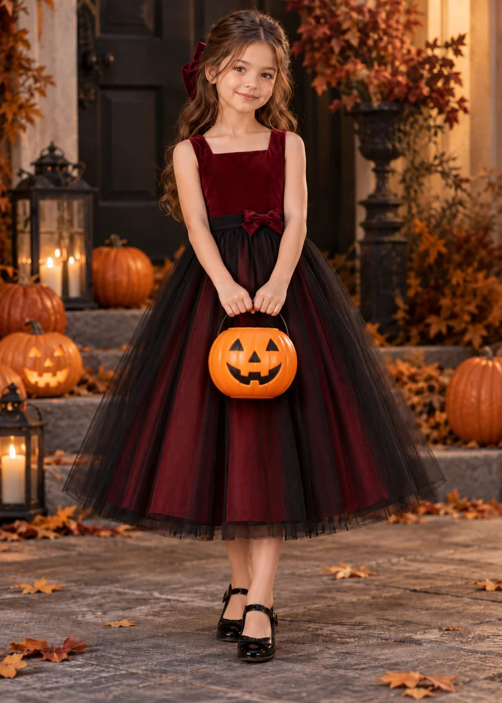 Detail view of the burgundy and black flower girl dress.