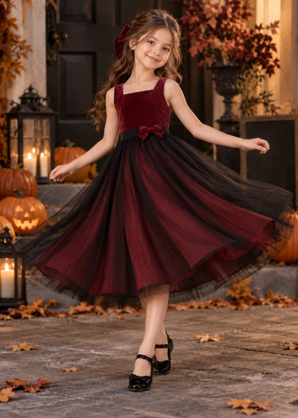 Detail view of the burgundy and black flower girl dress.