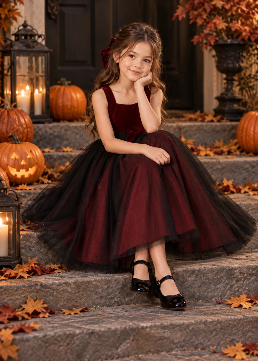 Detail view of the burgundy and black flower girl dress.