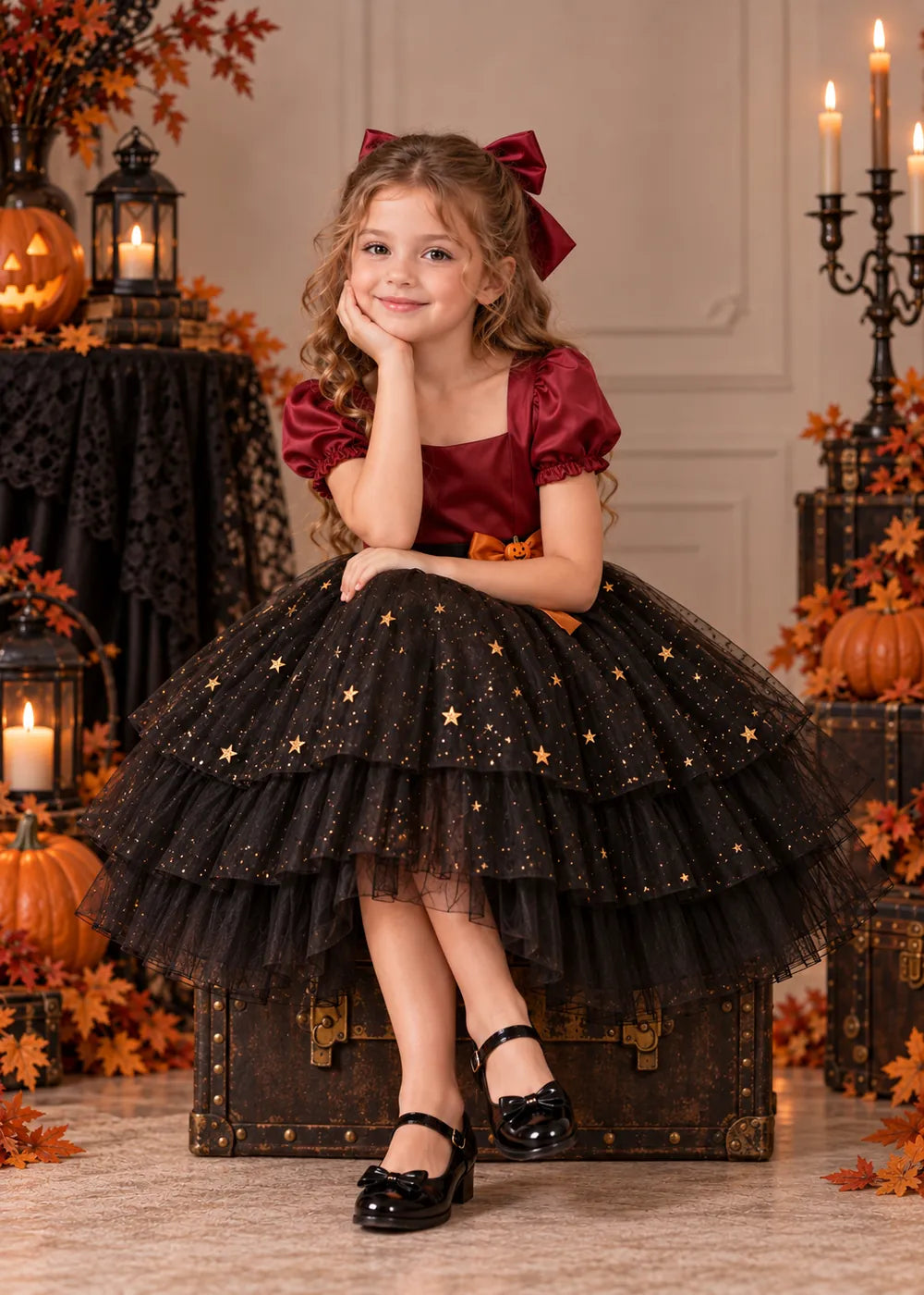 Detail view of the burgundy and black flower girl dress.