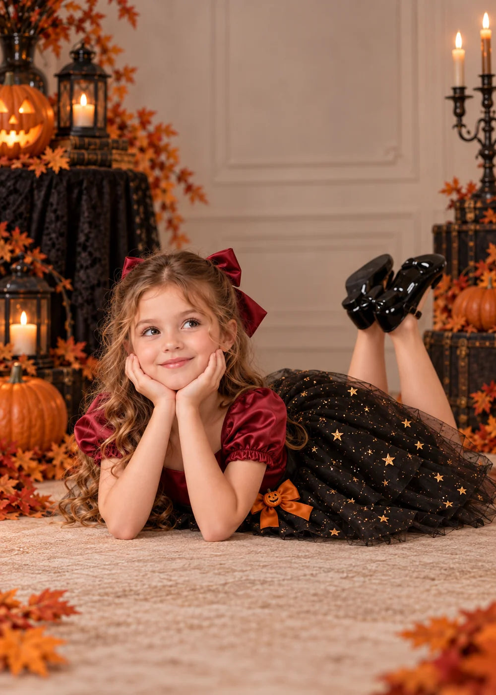 Detail view of the burgundy and black flower girl dress.
