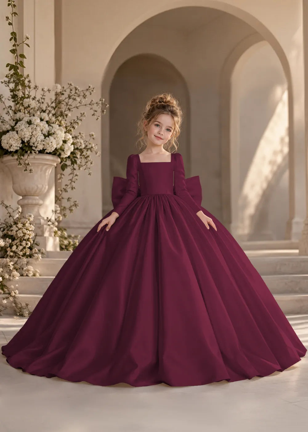 Ivory Long-Sleeve Flower Girl Dress with a Square Neckline and Bow