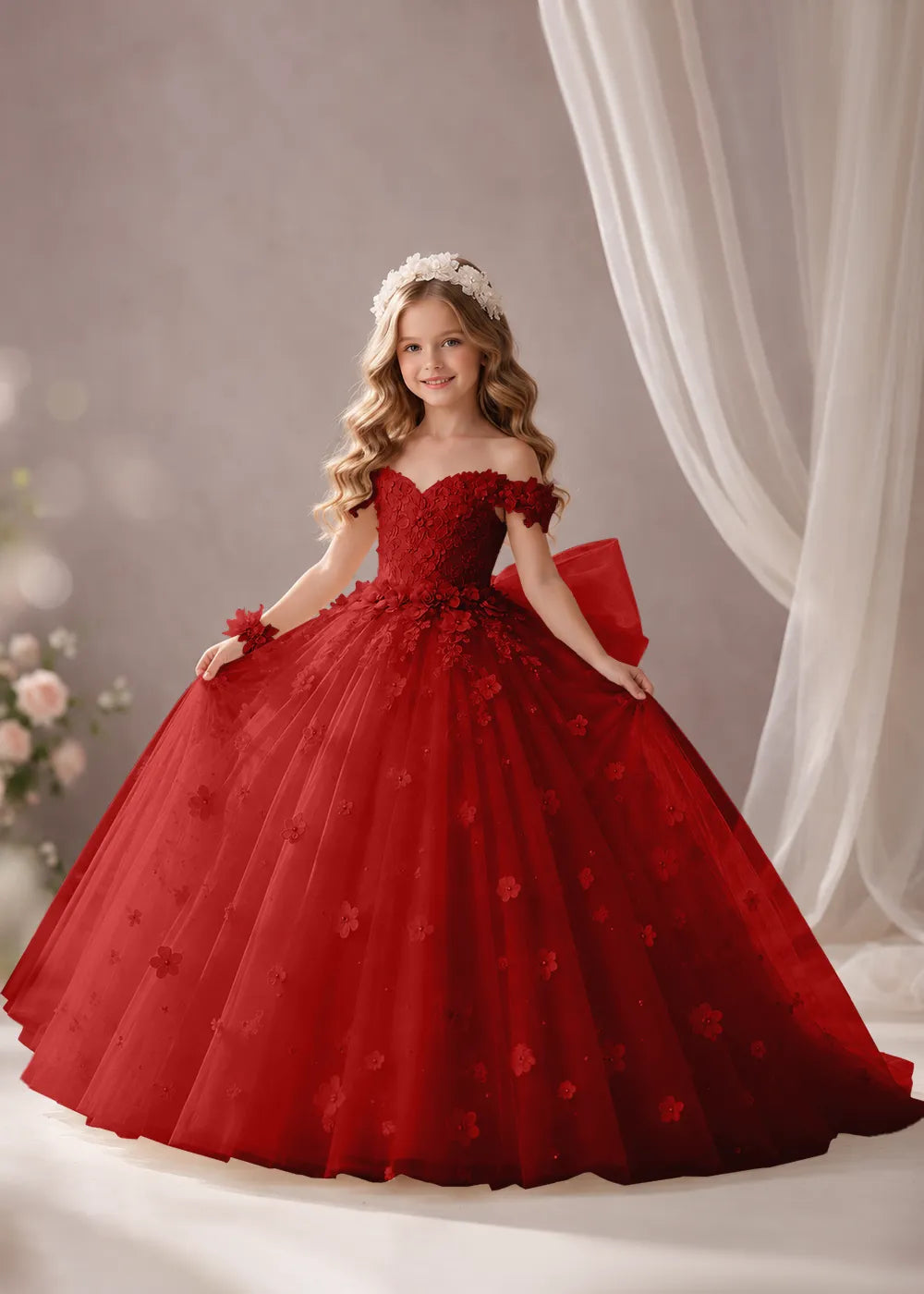 Ivory Flower Girl Dress with Off-Shoulder Florals and a Bow