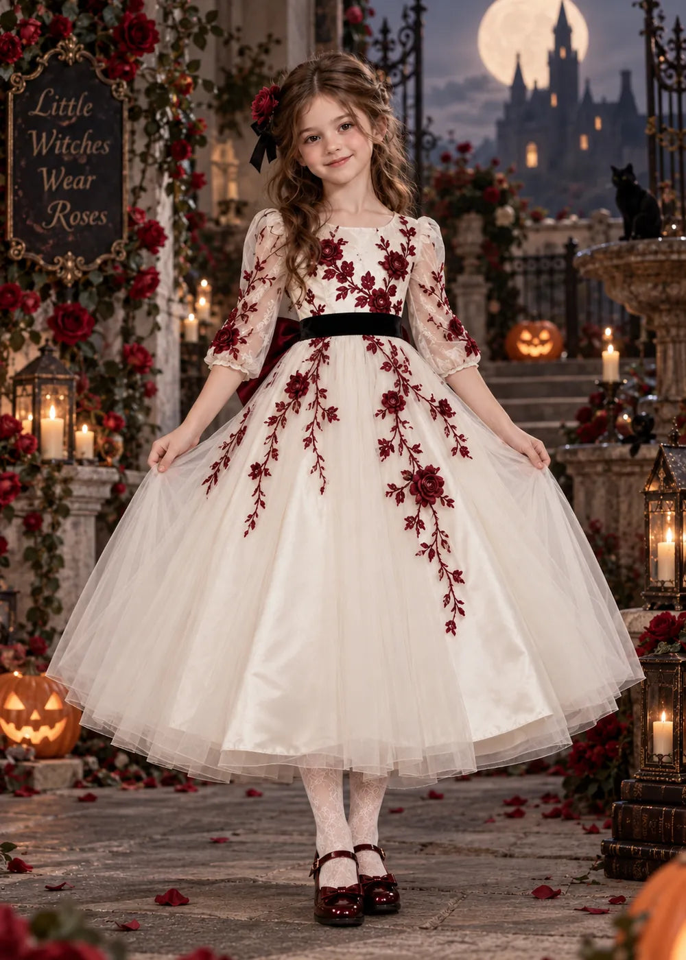 Detail view of the ivory, burgundy, and black flower girl dress.