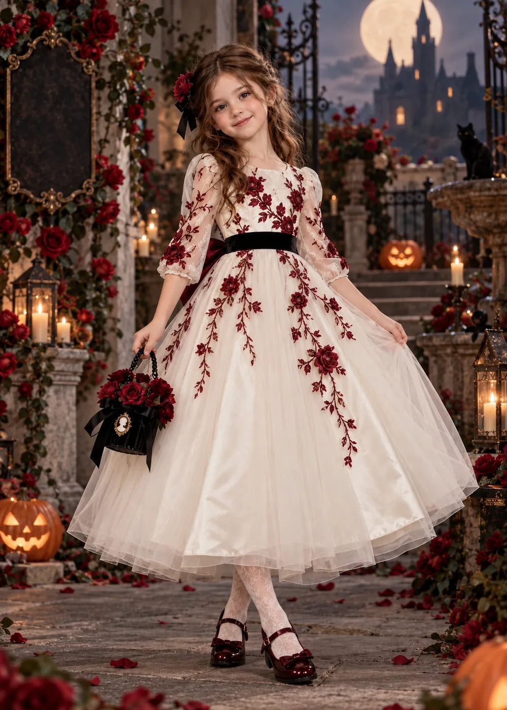Detail view of the ivory, burgundy, and black flower girl dress.