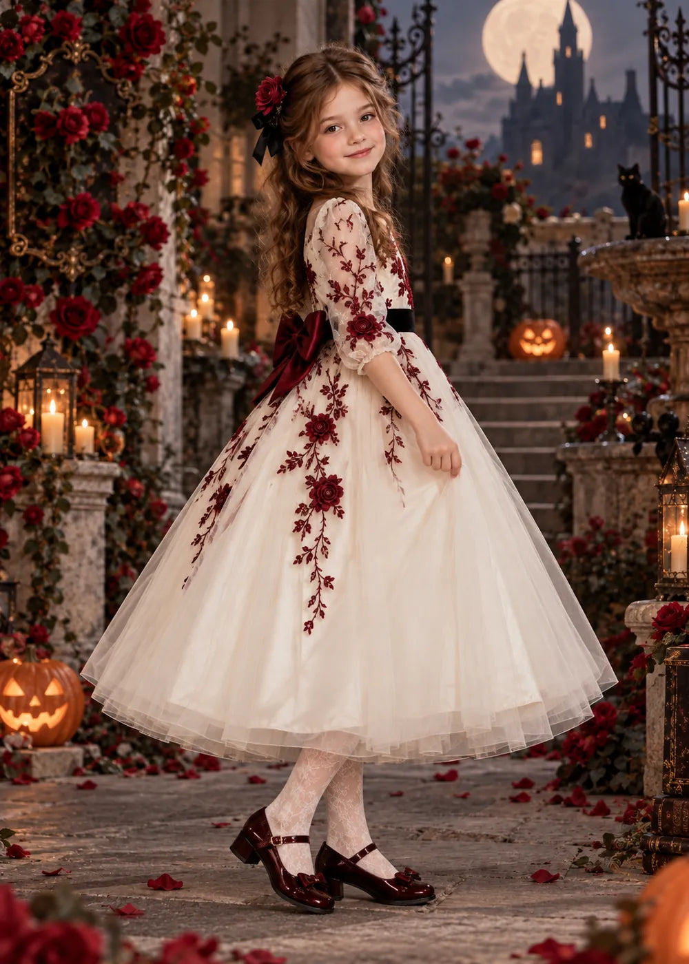 Detail view of the ivory, burgundy, and black flower girl dress.