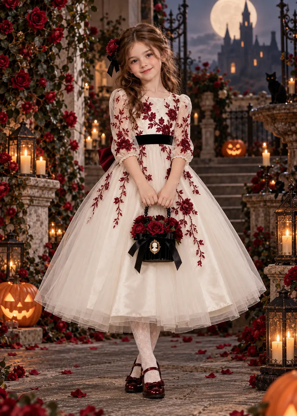 Detail view of the ivory, burgundy, and black flower girl dress.