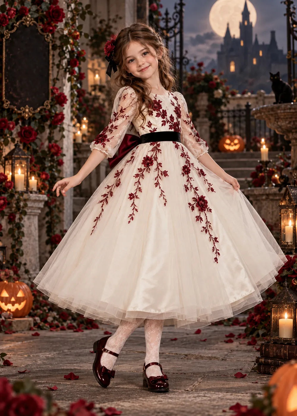 Detail view of the ivory, burgundy, and black flower girl dress.