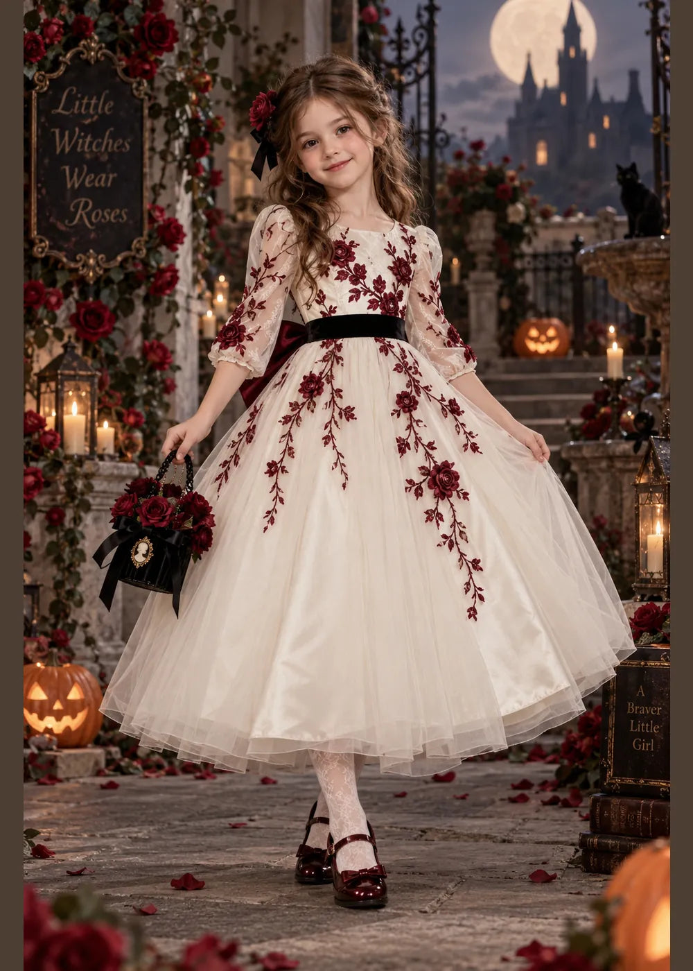 Front view of the ivory, burgundy, and black flower girl dress.