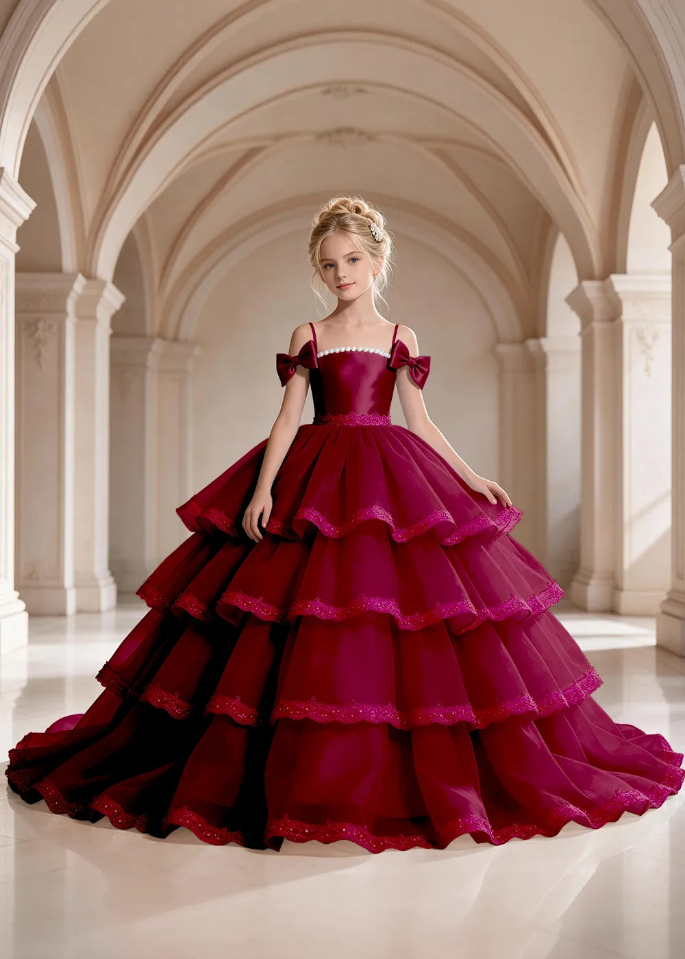 Navy Blue Four-Tier Bow-Shoulder Flower Girl Dress