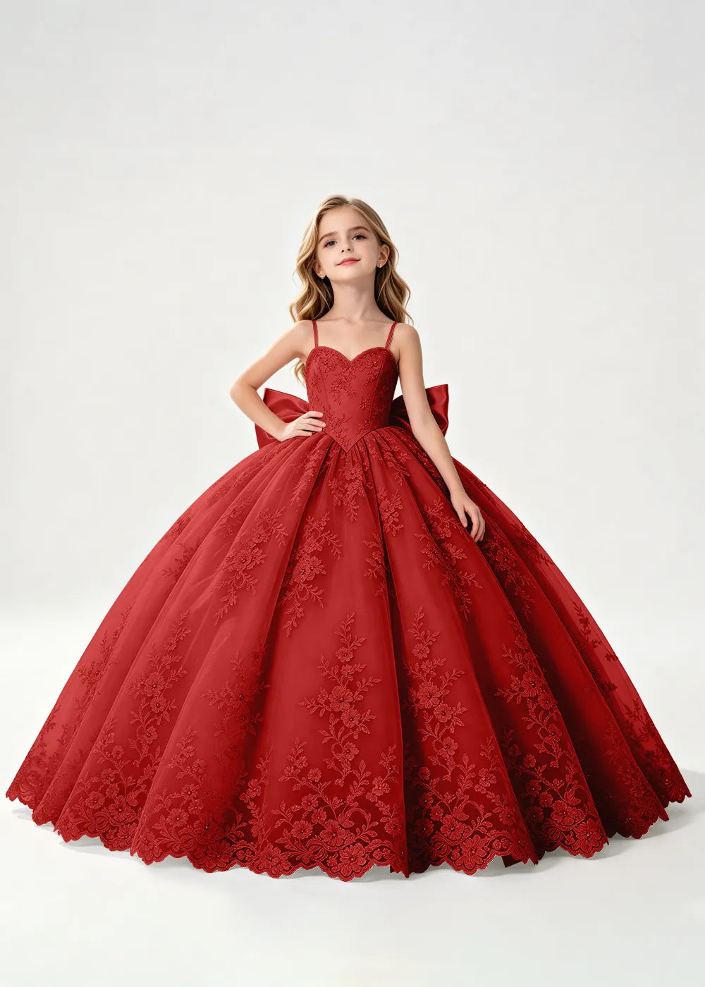 Flower girl dress in Burgundy, front view.