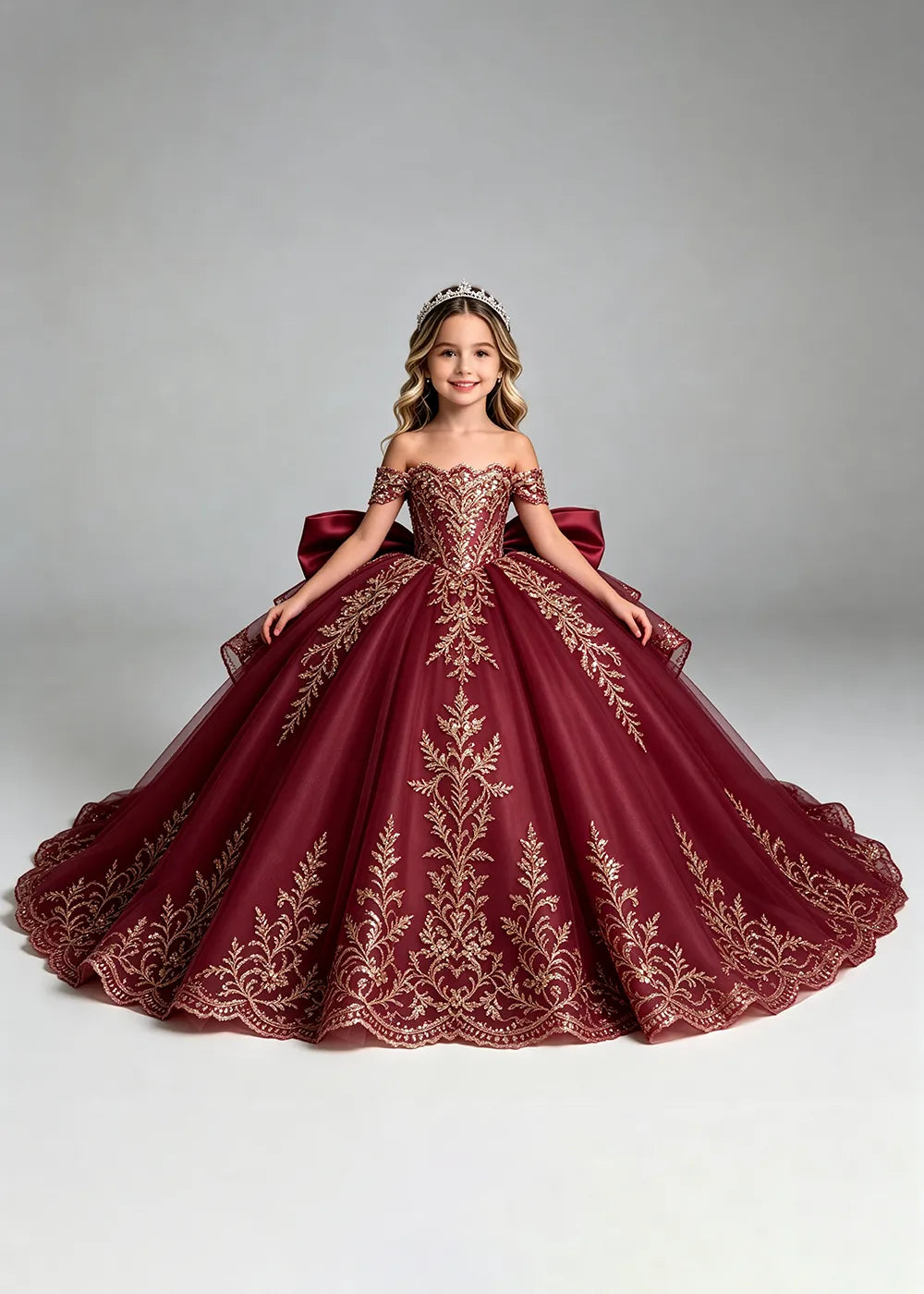 Off-Shoulder Lace Flower Girl Dress with Bow and Scalloped Hem
