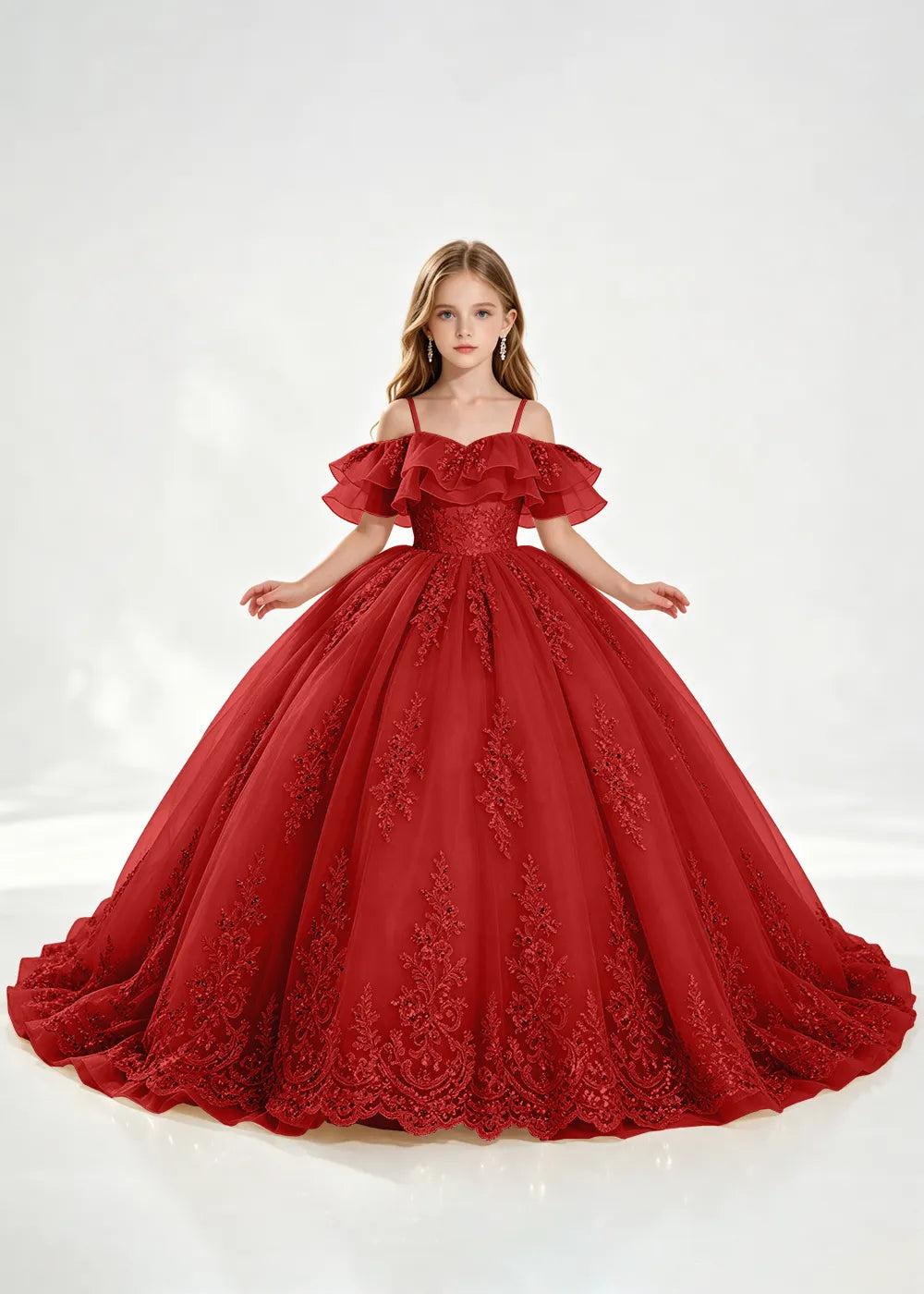 Slate Blue Off-Shoulder Lace-Hem Flower Girl Dress