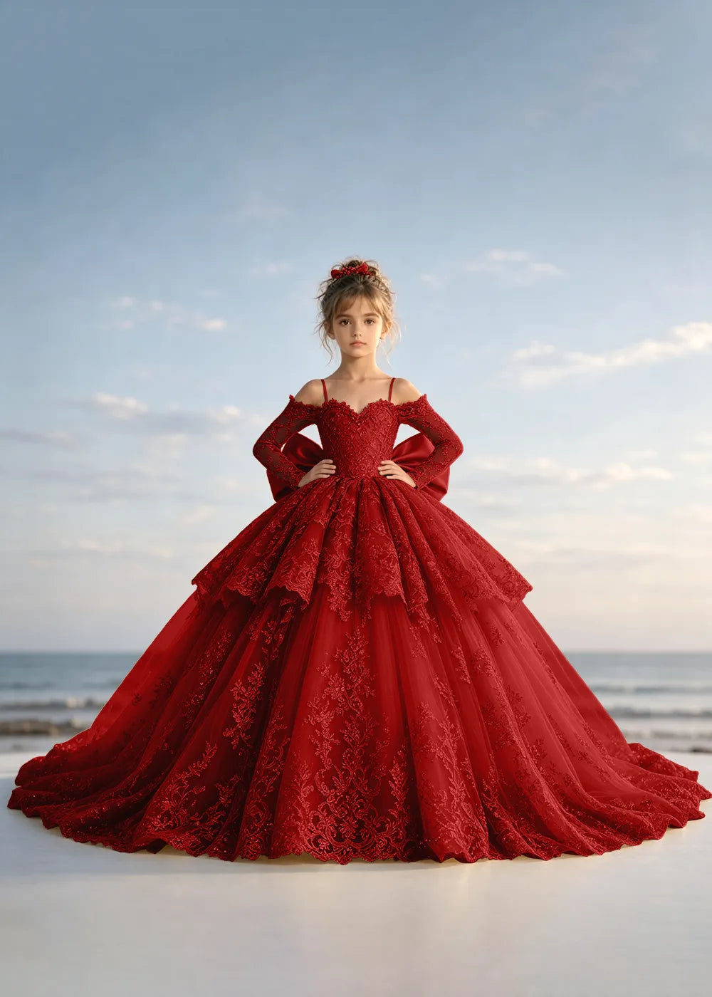 Navy Blue Lace Flower Girl Gown with Peplum and Trailing Satin Bow