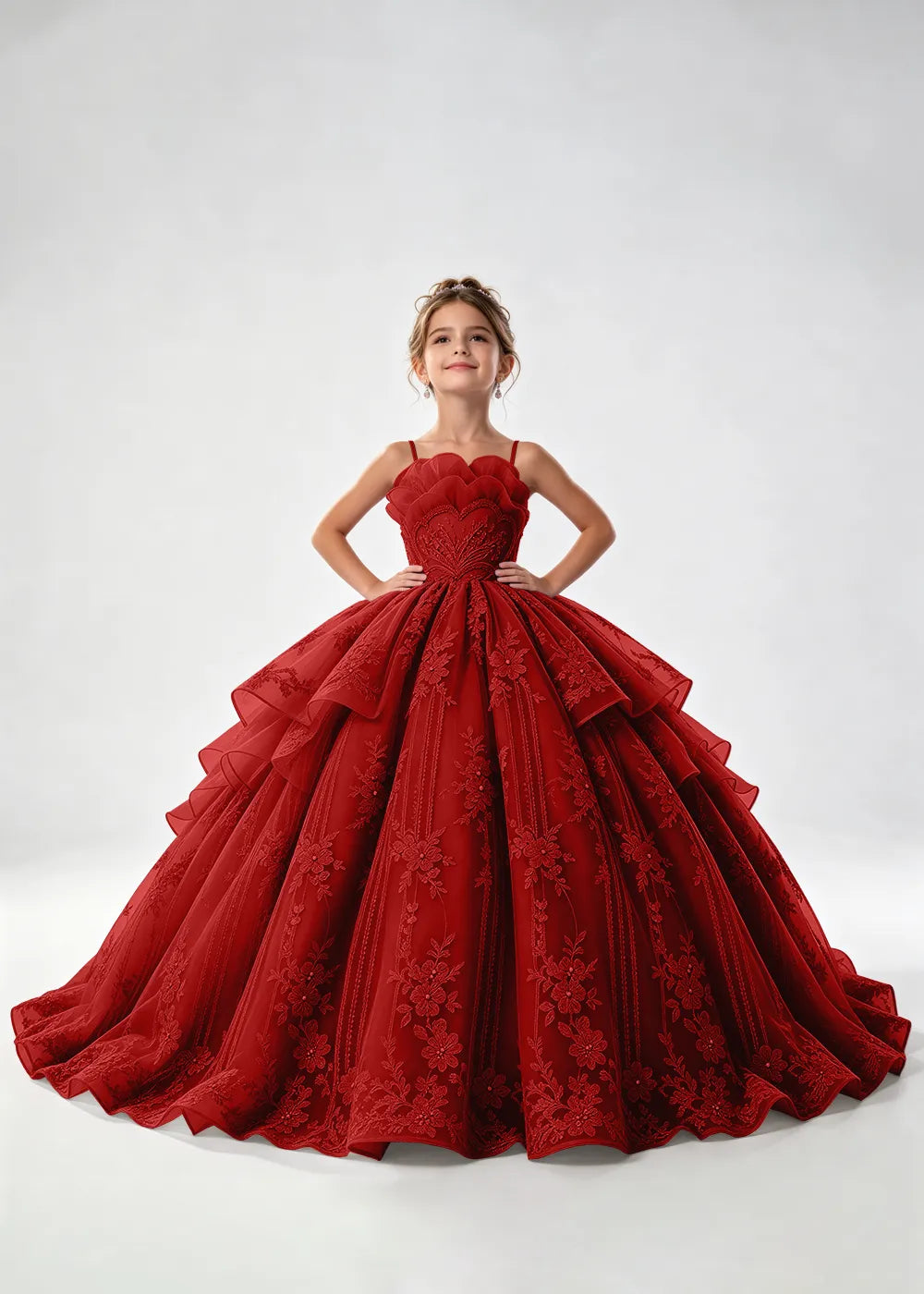 Flower girl dress in Burgundy, front view.