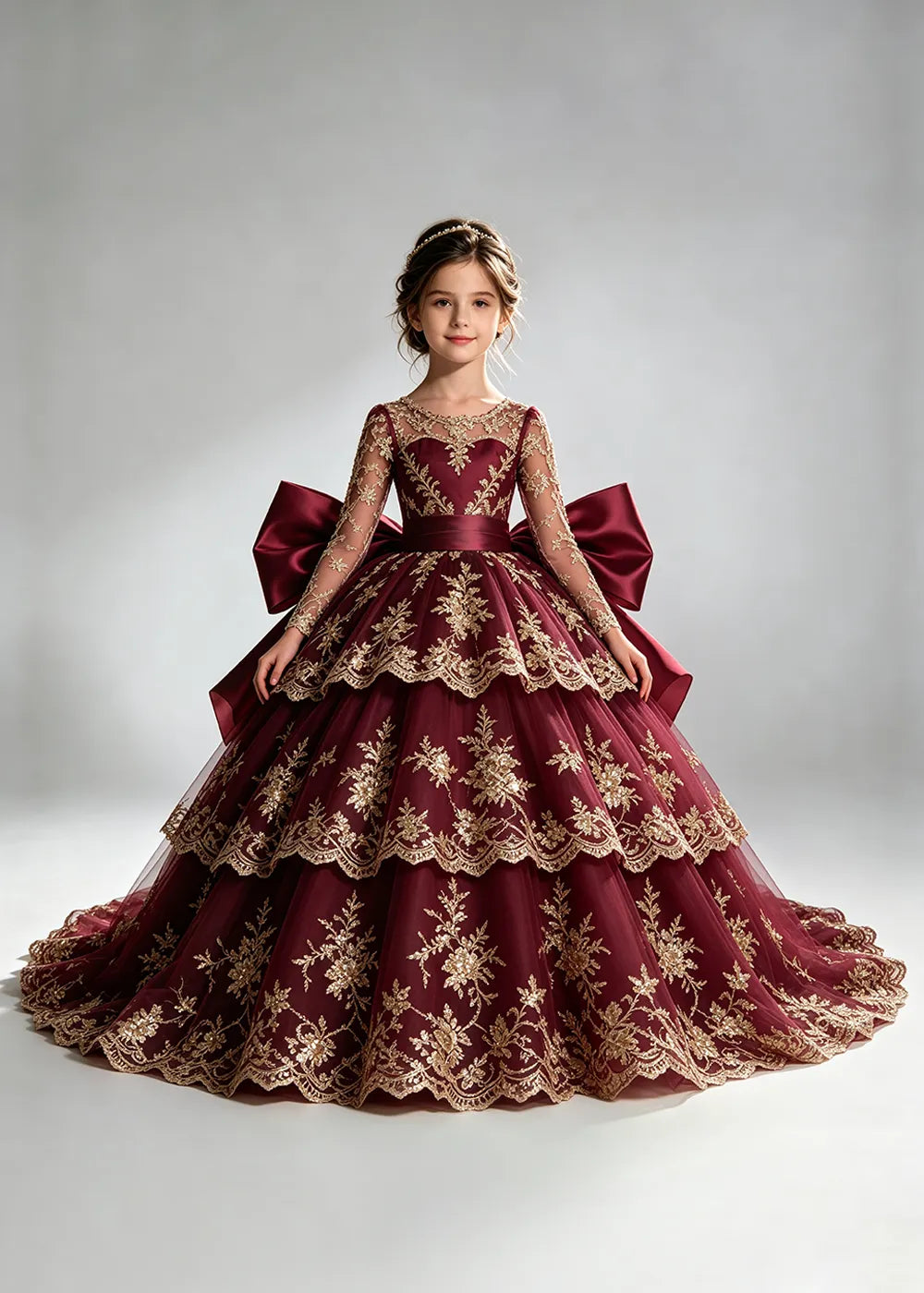 Long Sleeve Lace Flower Girl Dress with Sash Bow and Tiered Skirt