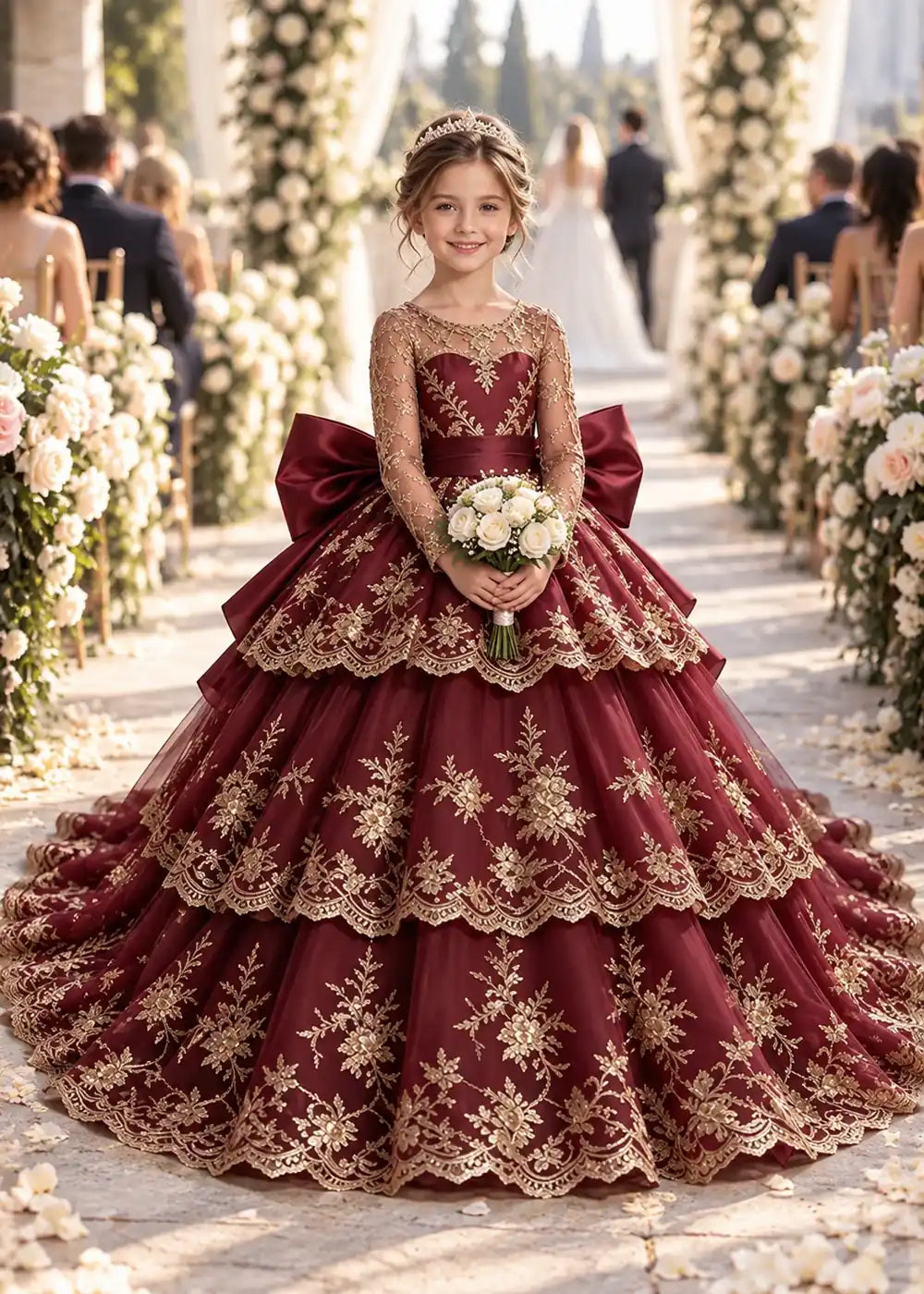 Long Sleeve Lace Flower Girl Dress with Sash Bow and Tiered Skirt