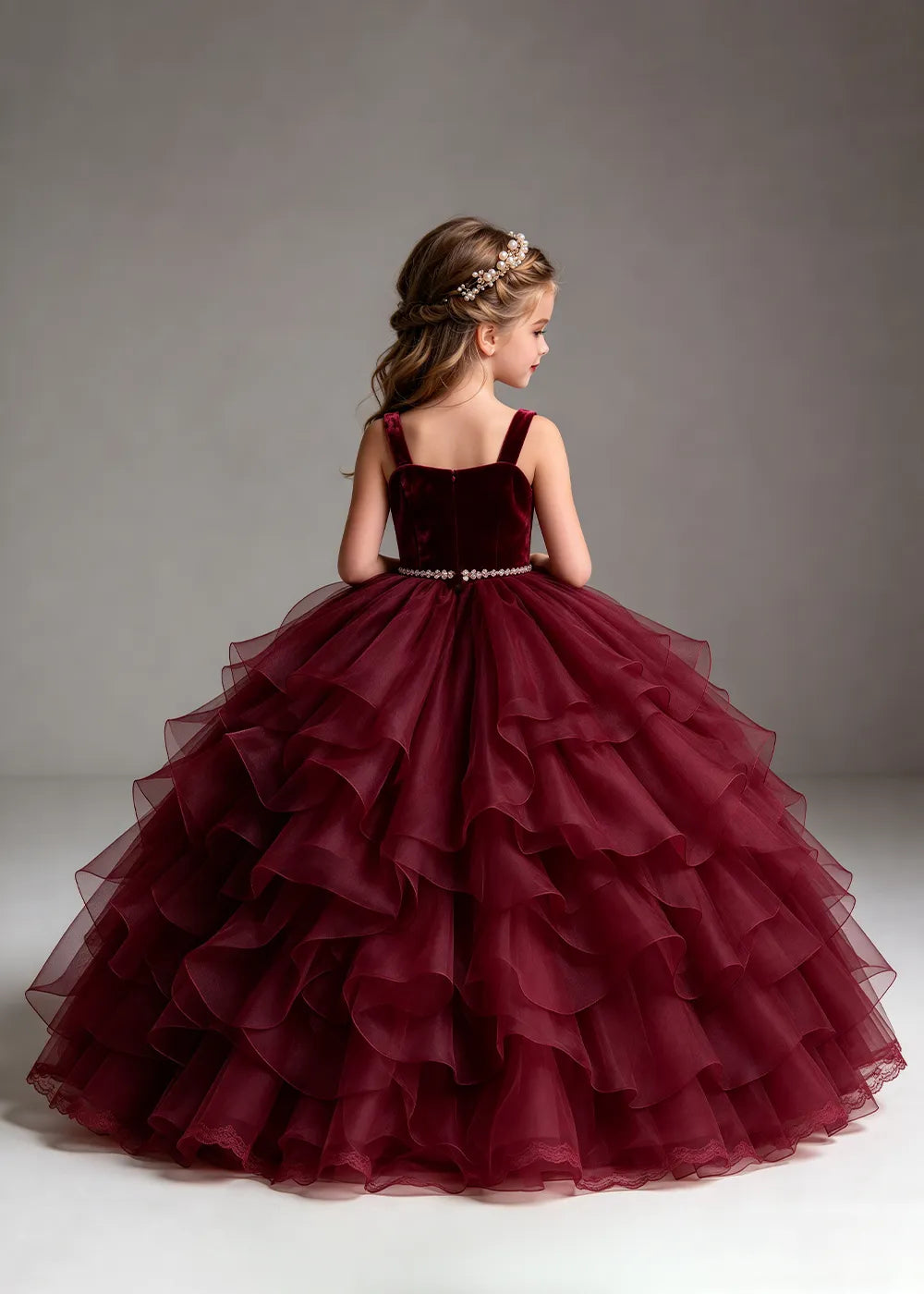 Burgundy Flower Girl Dress with Cascading Ruffles and Jeweled Waist