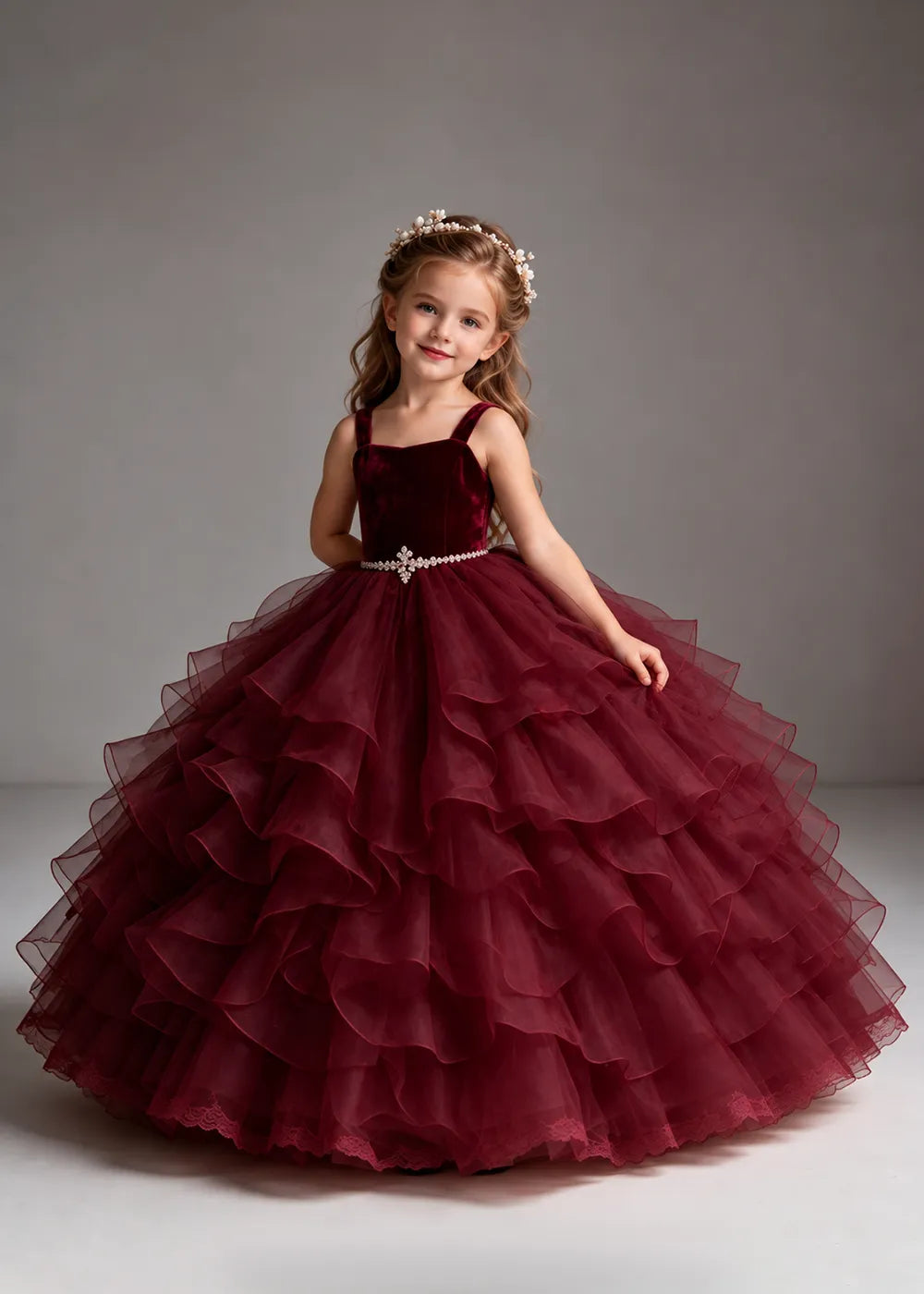 Burgundy Flower Girl Dress with Cascading Ruffles and Jeweled Waist