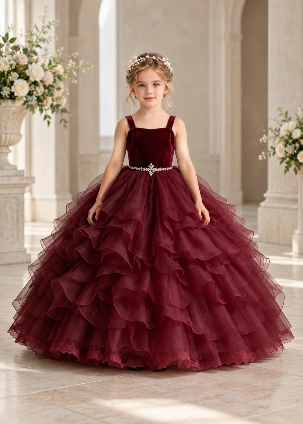 Burgundy Flower Girl Dress with Cascading Ruffles and Jeweled Waist