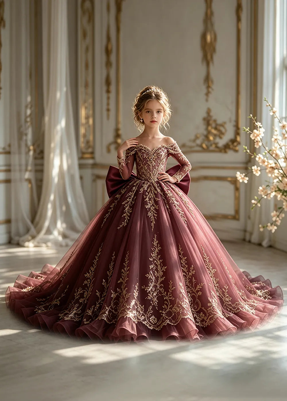 Off-Shoulder Sequin Lace Flower Girl Dress with Bow and Flounced Hem