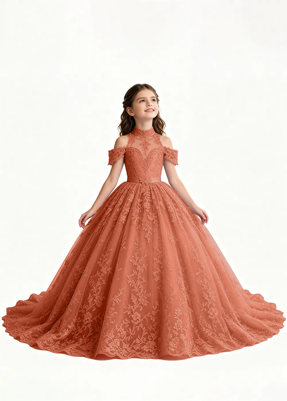 Navy Floral Flower Girl Gown with Open Shoulders