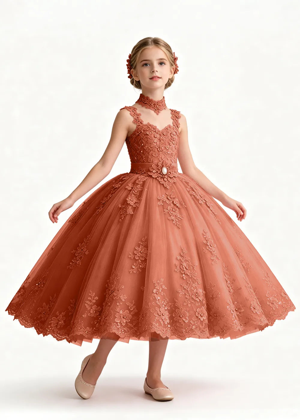 Navy Tea-Length Flower Girl Gown with Floral Neck Band